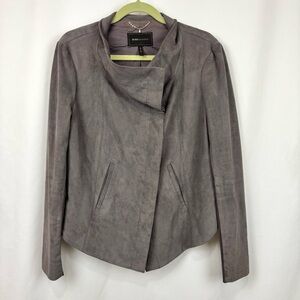 BCBGMAXAZRIA Women’s Sz L faux suede drape front jacket taupe Gray Contemporary